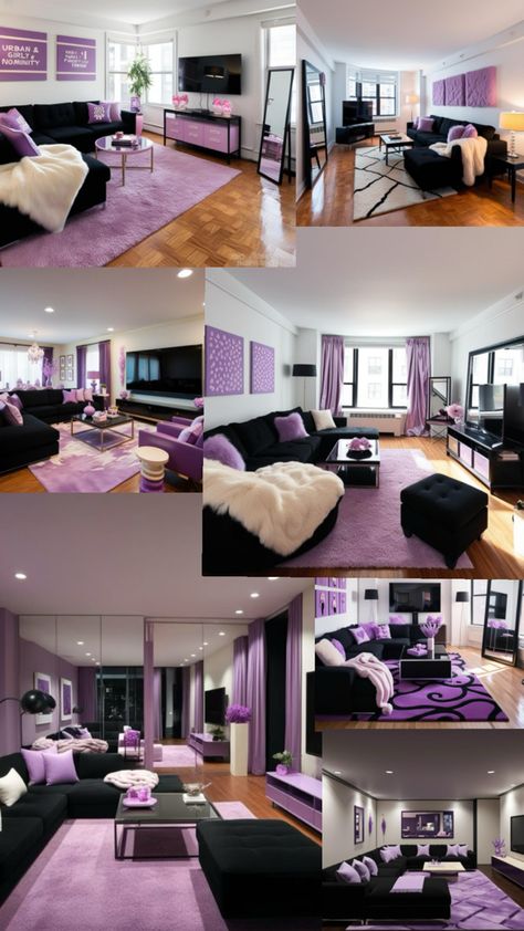 Dark Grey And Purple Living Room, Black Grey And Purple Living Room, Purple And Gold Room Ideas, Purple And Black Living Room, Purple Room Ideas For Adults, Purple And Black Room, Grey And Purple Living Room, Lavender Living Room, Purple And Gray Bedroom