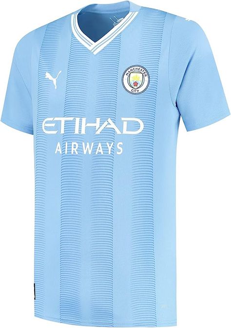 Regular fit -Short sleeves Official Manchester City club crest embroidered on chest - PUMA cat logo embroidered on chest and both sleeves 100% Polyester Machine Wash Fastening: Pull On Collar Style: One Piece Collar T-Shirt Short Sleeve 770438-01 V-neck construction with striped rib - Etihad Stadium print inside the neckline -CITY embroidered on back neck dryCELL - Highly functional materials that draw sweat away from your skin and help keep you dry and comfortable during exercise - Set-in sleev Etihad Stadium, City Club, Shirt 2023, Puma Logo, Puma Cat, Cat Logo, Football Outfits, Puma Mens, Sport Wear