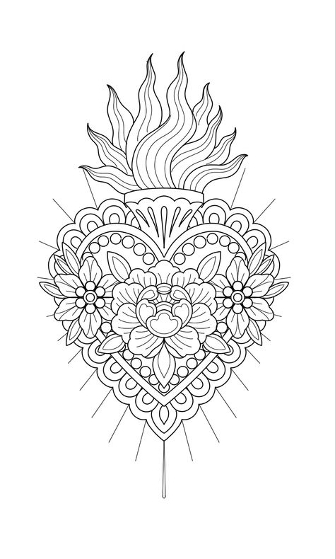 Sacred Heart Sketch, Fnaf Tattoo, Rockabilly Tattoos, Traditional Heart Tattoos, Sacred Heart Art, Sacred Heart Tattoos, Burning Love, Tattoo Stencil Outline, Neck Cover