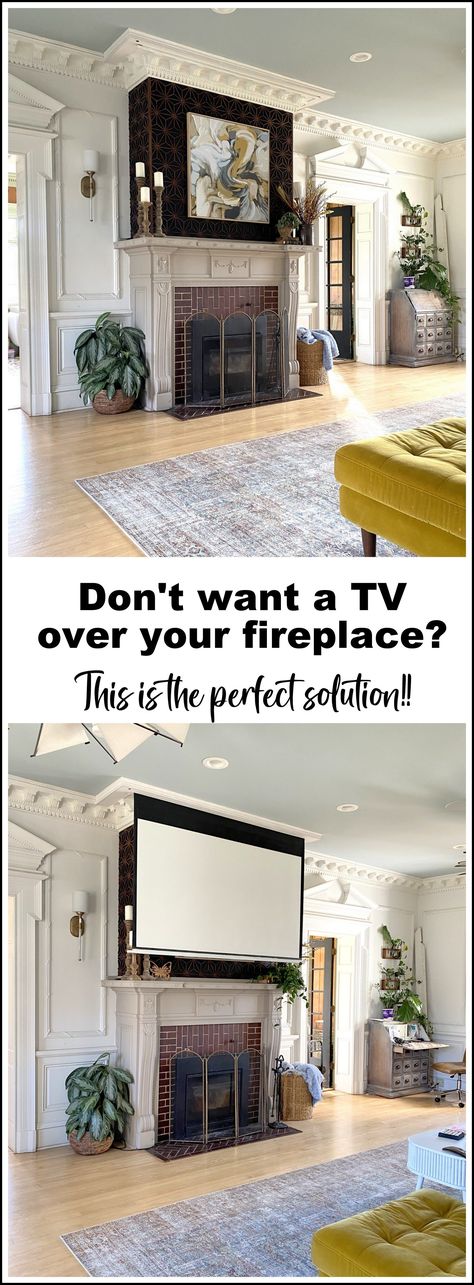 Alternative to TV above Fireplace - A PROJECTOR! Projector Screen Living Room, Tv Above Fireplace, Above Fireplace, Projector Stand, Tv Over Fireplace, Home Cinema Projector, Historic Mansion, Projector Screen, Interior Designing