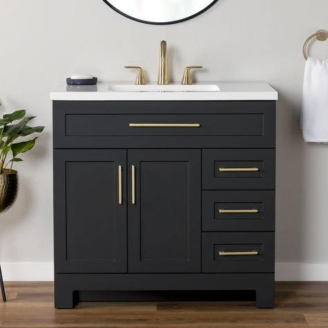 Small White Bathroom With Black Accents, 37” Bathroom Vanity, Bathroom Vanity Side Splash, Bathroom Cabinets Single Sink, Half Bath Sink Vanity, Bathroom Vanity Ideas 36 Inch, Black Vanity Hardware, 36” Bathroom Vanities, Black Vanities Bathroom