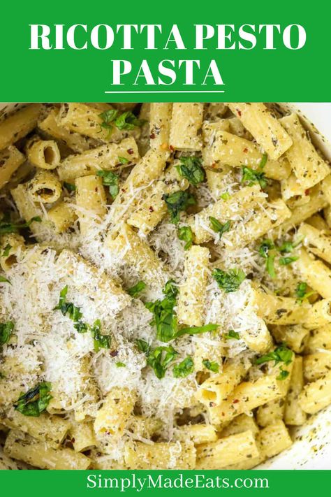 Ricotta pesto pasta topped with parmesan and basil. Pesto With Ricotta, Pesto Pasta Dinner Recipes, Ricotta And Pesto Recipes, Pesto And Ricotta Pasta, Pesto Ricotta Pasta, Pasta Ricotta Recipes, Easy Pesto Pasta Recipes, Ricotta Pesto Pasta, Summer Pesto Pasta