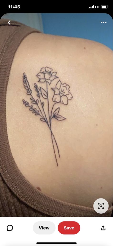 Daffodil And Lotus Flower Tattoo, Daffodil Lavender Tattoo, Bouquet Of Daffodils Drawing, Tulip And Marigold Tattoo, Daffodil Tattoo On Shoulder, Fine Line March Flower Tattoo, Daphadil Flower Tattoo Simple, Daffodil And Lilac Tattoo, Fine Line Flower Tattoos For Women