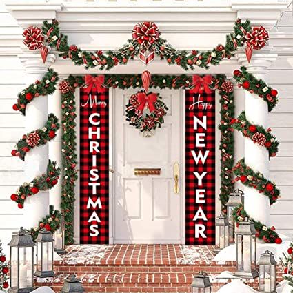 Christmas Front Door Ideas, Door Christmas Decorations, Christmas Outside, Front Door Christmas Decorations, Plaid Christmas Decor, Front Door Christmas, Christmas Front Door, Merry Christmas Banner, Christmas Garden Flag