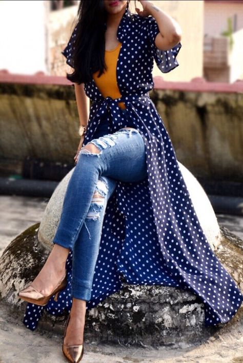 Rs 1499, Buy this Navy Blue Georgette Printed Long Shrug by Colorauction from www.colorauction.com #shrug #polkadots #cape #ecommerce #colorauction.com Shrugs With Jeans, Long Shrug, Shrug For Dresses, Frock Fashion, Long Kurti Designs, Blue Dots, Kurti Designs Party Wear, Summer Fashion Dresses, Fashion Attire