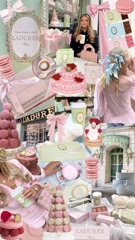 Laduree Aesthetic Wallpaper, Laduree Color Palette, Lauderee Paris, Pink Laduree, Laduree Wedding, Laduree Aesthetic, Macaron Store, Paris Invitations, Paris Garden