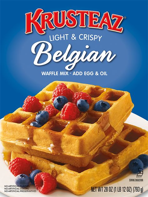 Crispy on the outside and fluffy on the inside, Belgian waffles are a staple part of a relaxing breakfast. Pair with a great maple syrup or fruit! Krusteaz Muffin Mix Pancakes, Pancake Mix Waffles, Krusteaz Pancake Mix Recipes Waffles, Krusteaz Pancakes, Krusteaz Pumpkin Waffles, Belgian Waffle Mix, Krusteaz Recipes, Belgian Waffle Recipe, Krusteaz Pancake Mix