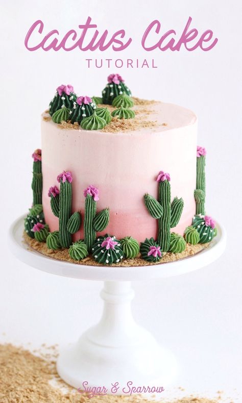 Learn how to create this cactus cake with an ombre buttercream sunset, pretty piped cacti, and edible (graham cracker!) sand. Made for The Cake Blog | Sugar & Sparrow | #cactuscake #desertcake #succulentcake #buttercreamcactus #buttercreamsucculent #partycake #caketutorial #buttercreamcake #cakeideas #cakedecorating #cakedesign #cake Sunset Buttercream Cake, Arizona Cake Ideas, Buttercream Succulent Cake, Boho Cactus Cake, Western 21st Birthday Cake, Easy Succulent Cake, Cactus Cake Design, Succulents Cake Ideas, Succulent Cake Birthday