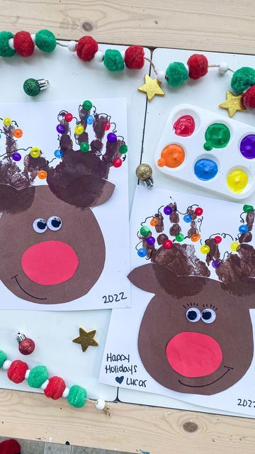 Handprint Reindeer Craft, Reindeer Handprint Craft, Reindeer Crafts Preschool, Reindeer Art Projects, Handprint Reindeer, Reindeer Christmas Cards, Reindeer Handprint, Winter Crafts For Toddlers, December Kindergarten