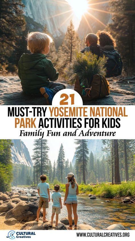 A family enjoying outdoor activities in Yosemite National Park, with children exploring nature and taking in scenic mountain views, capturing 21 Must-Try Yosemite National Park Activities for Kids. Best National Parks For Kids, Yosemite November, Park Activities For Kids, Yosemite With Kids, National Parks With Kids, Yosemite Vacation, Yosemite Sequoia, Park Activities, Yosemite Trip