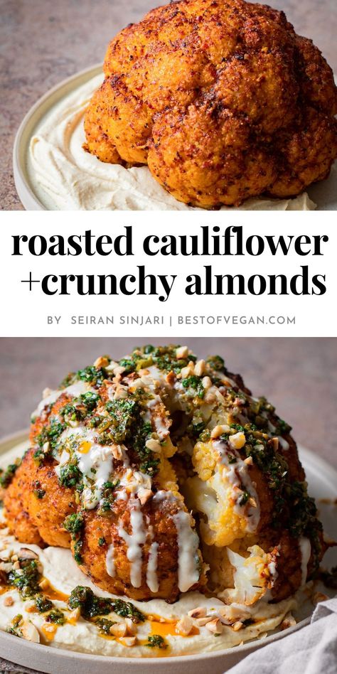 This Roasted Cauliflower is an absolute delight! Impress your dinner guests with this star of a vegetable served with crunchy almonds and only the best, most flavorful ingredients. #vegandinner #plantbased via @bestofvegan Vegan Roasted Cauliflower Recipes, Vegan Roasted Cauliflower, Vegan Roasted Vegetables, Whole Cauliflower Recipes, Roast Cauliflower, Lebanese Cauliflower Roasted, Whole Roasted Cauliflower Vegan, Whole Roasted Cauliflower With Feta, Buffalo Cauliflower Bites