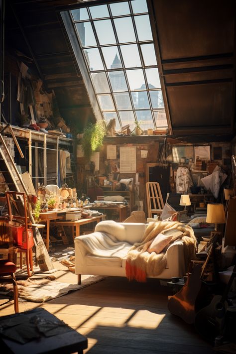 Artist Aesthetic Studio, Art Studio Messy, Art Studio Apartment Aesthetic, Messy Artist Room Aesthetic, Messy Artist Room, Loft Inspo Aesthetic, French Art Studio, Artist Loft Aesthetic, Messy Home Aesthetic