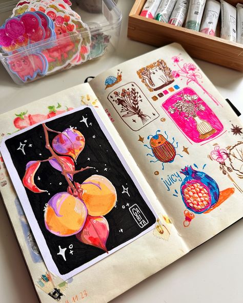 I really like the contrast of the more fine lineart on the right with the bold fruit study on the left. I really like to combine different art supplies and to see what I can do with them ✨ My sketchbook is soon finished and I‘m thinking to do a full sketchbook tour. Would you like that? A new cozy art vlog is also out now in my yt channel. I show you an insight how I create and print my artworks! 💖Saves & Shares are always appreciated💖 #cuteart #smallartist #paintmarkers #acrylmarkers #ske... Craft Sketchbook, Painting On Sketchbook, Full Sketchbook, Welcome To My Sketchbook, Colorful Sketchbook, Fruit Study, Different Hobbies, Sketchbook Studies, Digital Sketchbook