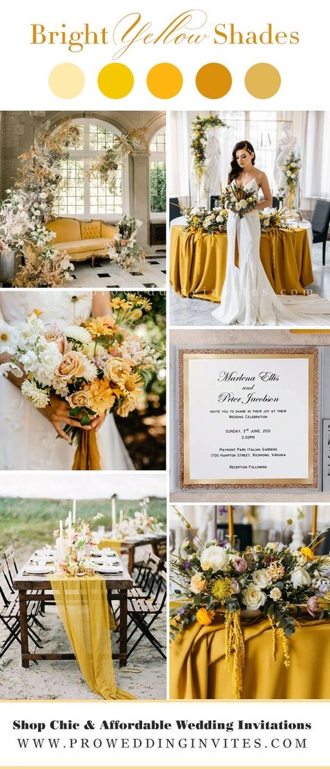 Mustard Color Wedding Theme, Orange And Yellow Fall Wedding, Mustard Yellow Wedding Theme Color Schemes, Modern Elegant Wedding Color Palettes, Yellow Aesthetic Wedding Theme, Yellow Wedding Ideas Color Schemes, Yellow Spring Wedding Theme, Yellow Wedding Accents, Black And Yellow Wedding Decorations