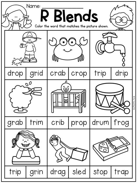 CCVC R Blend Worksheet for Kindergarten. Students read the words and color the word that matches the picture. This activity is great for decoding and vocabulary practice. Blends Worksheets Kindergarten, Blend Words Activities, Blend Words Worksheets, Phonics Worksheets Kindergarten, Blending Words Activities, Blending Words Worksheets, Blends Worksheets First Grade, S Blends, S Blends Worksheets