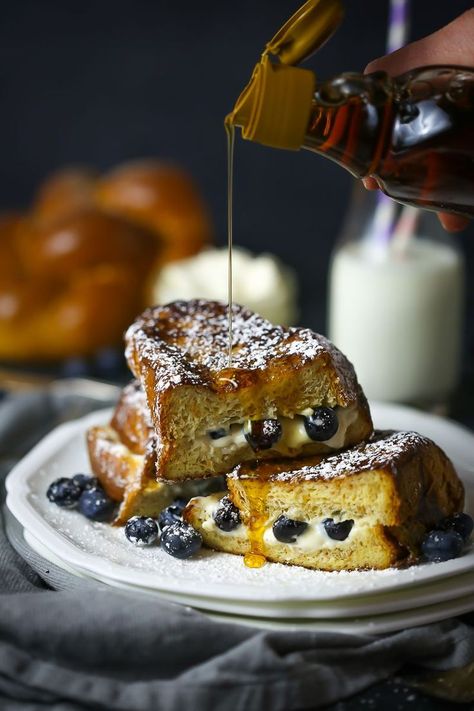 A dollop of tangy mascarpone and a scoop of fresh blueberries is stuffed inside french toast elevating it from good to sublime. Blueberry Marscapone French Toast Bake, Marscapone Stuffed French Toast Recipe, Blueberry Mascarpone French Toast, Marscapone Toast Breakfast, Marscapone French Toast Recipe, Brunch Platter, Blueberry Mascarpone, Blueberries Breakfast, Stuffed French Toast