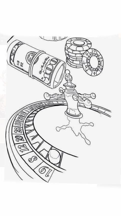 Roulette Wheel Illustration, Roulette Table Tattoo Design, Roulette Wheel Drawing, Roulette Wheel Tattoo Design, Gambler Tattoo, Casino Drawing, Roulette Tattoo, Gambling Tattoos, Aces Tattoo