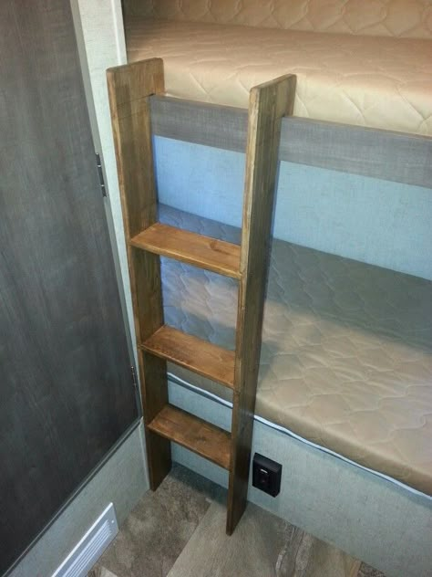 Rv Bunk Bed Ladder, Camper Bunk Beds, Rv Bunk Beds, Bed Ladder, Bunk Bed Ladder, Diy Bunk Bed, Camper Hacks, Travel Trailer Camping, Wooden Bunk Beds