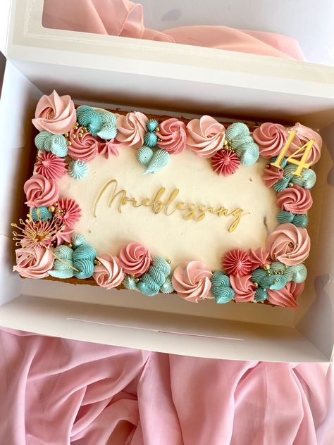 Pink And Blue Sheet Cake, Rectangular Cake Designs Birthday, Pretty Sheet Cakes For Women, 13x9 Cake Decorating Ideas, Floral Sheet Cake Birthday, Girl Baby Shower Sheet Cake Ideas, Girly Sheet Cake, Sheet Pan Cake Decorating Ideas, Sheet Birthday Cakes For Women