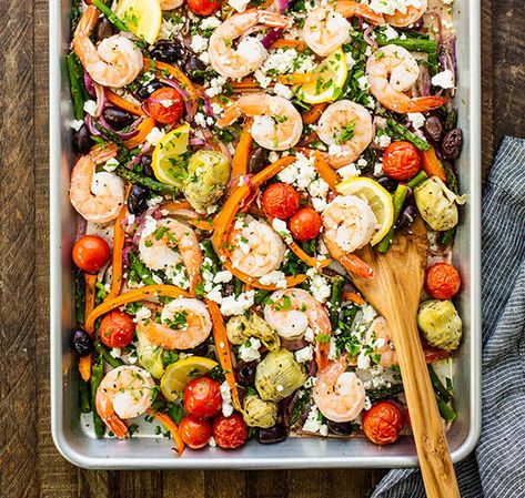 Sheet Pan Mediterranean Shrimp and Vegetables is a healthy, low carb, EASY meal that cooks in just 15 minutes! Dinner With Shrimp, Sheet Pan Sausage And Peppers, Sheet Pan Mediterranean, Mediterranean Shrimp, Sheet Pan Sausage, Sheet Pan Shrimp, Pan Shrimp, Grilled Artichoke, Shrimp And Vegetables