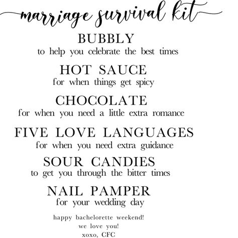 Marriage Survival Kit, Wedding Lists, Spicy Chocolate, Second Marriage, Five Love Languages, Wedding List, Survival Kits, Sour Candy, Bachelorette Weekend