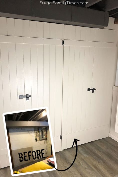 Hiding Wires In Basement Ceiling, Vertical Shiplap Basement, Diy Basement Storage, Sunroom Table, Diy Basement Decor, Hide Electrical Panel, Basement Built Ins, Basement Storage Shelves, Laundry Reno