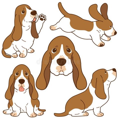 Basset Hound Illustration, Basset Hound Drawing Simple, Simple Dog Illustration, Basset Hound Drawing, Running Drawing, Doodle Dog Breeds, Basset Hound Art, Basset Dog, Painted Window Art