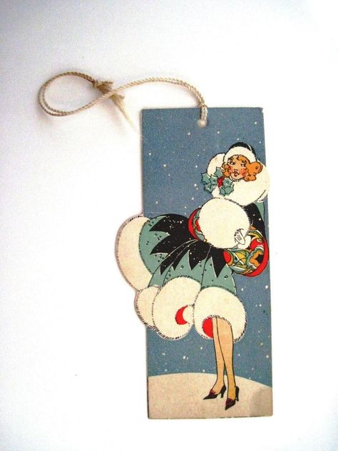 Vintage Art Deco Christmas Bridge Tally w/ Woman In Deco Dress with Muff * Vintage Christmas Woman, Art Deco Christmas Decor, Flapper Christmas, Art Deco Christmas, Xmas Fashion, Dragon Halloween, Deco Dress, Candy Cane Ornament, Mercury Glass Ornaments