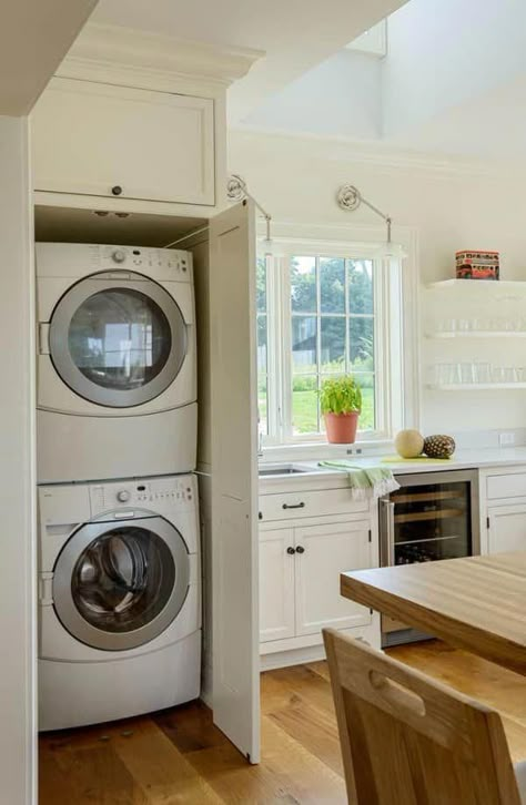 Acquire great suggestions on "laundry room stackable washer dryer". They are on call for you on our site. #laundryroomstackablewasherdryer Cover Washer And Dryer, Washer And Dryer In Kitchen, Dryer In Kitchen, Washer Dryer Closet, Laundry In Kitchen, Washer Dryer Laundry Room, Stacked Laundry Room, Hidden Laundry, Laundry Room Ideas Small Space