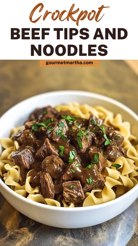 Savor the deliciousness of Crockpot Beef Tips and Noodles! This slow-cooked meal is a family favorite, with tender beef tips simmered to perfection and served over soft, flavorful noodles. It's the perfect comfort food for any night. Satisfy your cravings – grab the full recipe #CrockpotBeef #BeefTipsAndNoodles #SlowCookerRecipes #ComfortFood #HeartyDinners #EasyCrockpotMeals #FamilyFavorites #DinnerInspo #BeefRecipes Beef Tips And Noodles Crock Pot Recipes, Crockpot Creamy Beef And Noodles, Creamy French Onion Beef And Noodles Crockpot, Beef Tips With Brown Gravy Packet Crockpot, Crockpot Meals With Egg Noodles, Beef Noodles Slow Cooker, Beef Tip And Gravy Crockpot, Crock Pot Beef Noodles, Sirloin Tips Recipes Crockpot