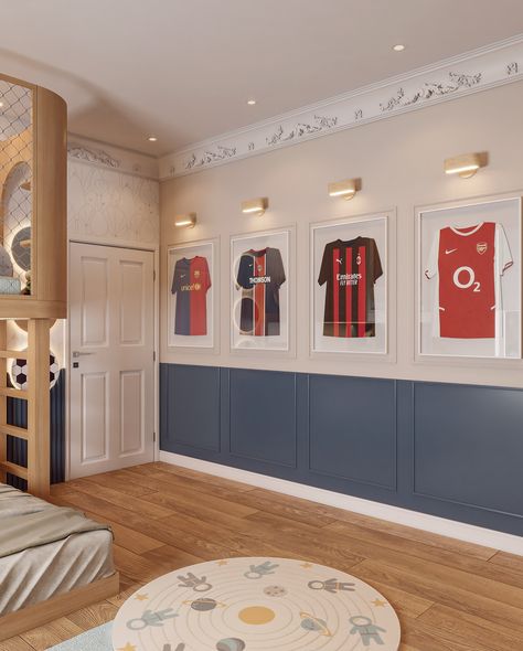 ⚽️⚽️⚽️ In Harrison’s football-themed bedroom, classic features of the listed building perfectly combine with a modern approach. His love for football is seamlessly integrated with functional design. The room features a play mezzanine, a fun slide, and a stunning gallery wall showcasing Harrison’s collection of football shirts. How amazing is it to lie down on the bed and look at the LED football pitch, dreaming about football coming home! #footballroom #boysbedroom #boybedroom #boysbedroom... Football Rooms, About Football, Football Pitch, Listed Building, Boy Bedroom, Boy's Bedroom, Bedroom Themes, Football Shirt, Coming Home