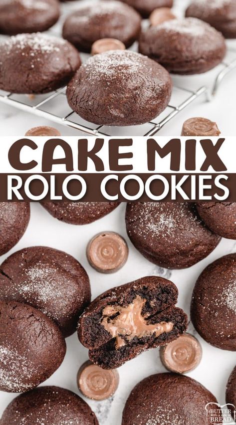 CAKE MIX ROLO COOKIES - Butter with a Side of Bread Rollo Cookies, Cake Mix Chocolate Chip Cookies, Simple Chocolate Cake, Rolo Candy, Rolo Cookies, Cake Mix Cookie, Chocolate Cake Mix Cookies, Box Recipes, Cake Mix Cookie Recipes