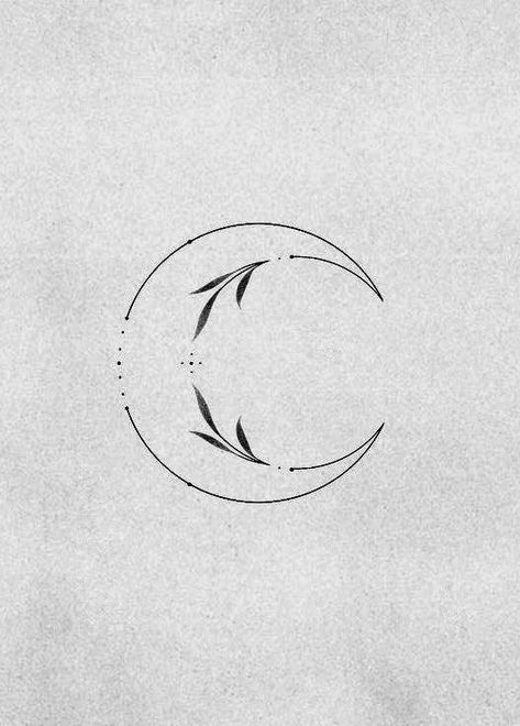 Unique Crescent Moon Tattoo, Small Simple Moon Tattoo, Moon With Leaves Tattoo, Moon Tattoos Women, Moon Tattoo Designs Minimalist, Moon Tatoos Woman, Delicate Moon Tattoo, Moon Dotwork Tattoo, Circle Tattoos For Women