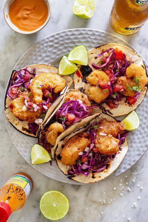 Tacos de Camarón (Mexican shrimp tacos) Crispy Cauliflower Tacos, Air Fryer Shrimp Tacos, Air Fryer Shrimp, Creamy Chipotle Sauce, Chipotle In Adobo Sauce, Crispy Cauliflower, Cauliflower Tacos, Crispy Shrimp, Vegetarian Tacos