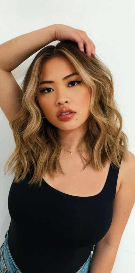 Medium Length Hair With Textured Ends, Women With Medium Length Hair, Hairstyles 2023 Medium Length, Mid Length Hair 2022 Trends Women, Midlength Haircuts Curls, Med Hair Length Styles, Collarbone Length Hair Ombre, Long Bangs With Shoulder Length Hair, Bangs Hairstyles Short Mid Length