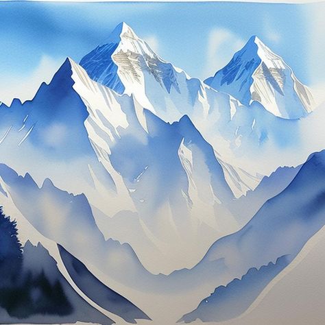 @tulis_artgallery Snow Covered Mountains Painting, Snowy Mountains Painting, Labradoodle Painting, Snow Mountain Painting, Watercolour Canvas, Painting Mountains, Snow Illustration, Himalayas Mountain, Himalayan Mountains