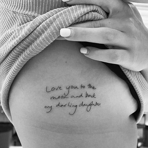 Tattoo Love You To The Moon And Back, Fine Line Mother Daughter Tattoo, Love You To The Moon And Back, I Love You To The Moon And Back Tattoo, To The Moon And Back Tattoo, Mommy Daughter Tattoos, Love Yourself Tattoo, One Line Tattoo, Rib Tattoos For Women