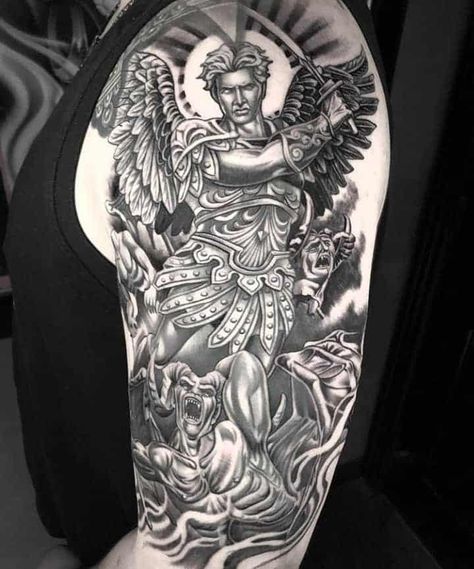 Warrior Tattoo Ideas, Michael Tattoo, Asian Dragon Tattoo, God Of Love, Angel Demon, Asian Dragon, Arm Band Tattoo, Warrior Tattoo, Desenho Tattoo