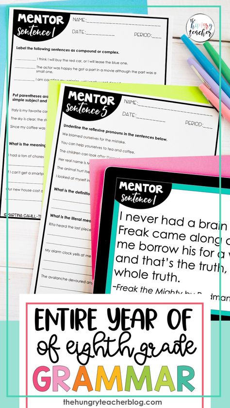 Mentor Sentences Middle School, Interactive Notebooks Middle School, Middle School English Classroom, Grammar Interactive Notebook, Middle School Grammar, Middle School Ela Classroom, Mentor Sentences, Teaching Literature, Grammar Skills