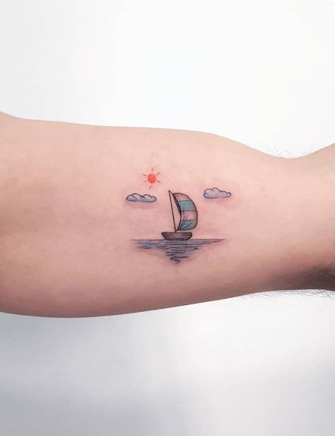 Lifeboat Tattoo, Small Boat Tattoo, Small Ship Tattoo, Sailboat Tattoo Simple, Sail Boat Tattoo, Sail Tattoo, Boat Tattoos, Sailing Tattoo, Small Colorful Tattoos