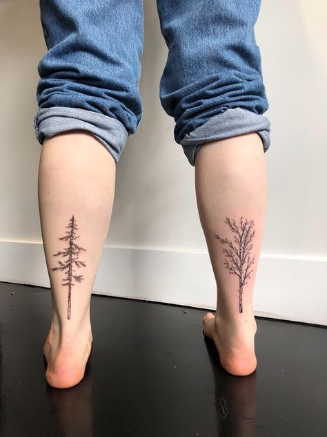 Back of ankle tree tattoos, pine and birch. Done by Steph at Dark Ocean Tattoo in Vancouver. Dark Ocean Tattoo, Tree Tattoo Leg, Birch Tattoo, Birch Tree Tattoo, Birch Tree Tattoos, Vancouver Tattoo, Ocean Tattoo, Dark Ocean, Inspiration For The Day