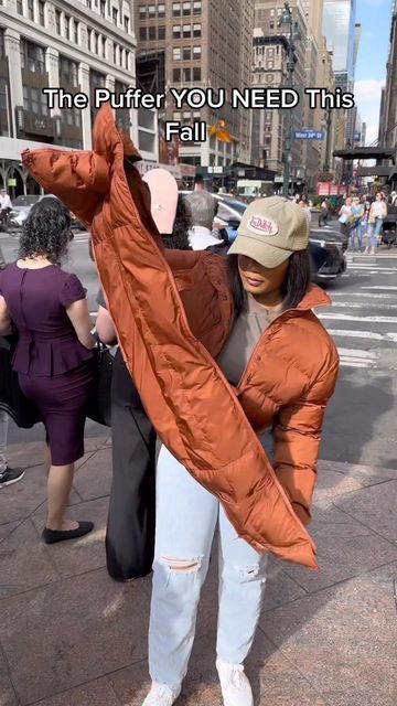 Burnt Orange Jacket Outfit, Burnt Orange Puffer Jacket Outfit, Orange Puffer Jacket Outfit, Puffy Coat Outfit, Trendy Brown Puffer Outerwear, Burnt Orange Outfit, Long Puffy Coat, Orange Crop Puffer Vest, Orange Puffer Jacket