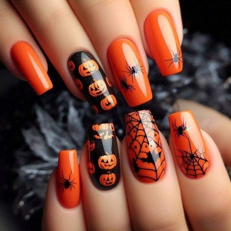 Fall Season Nails Pumpkin, Halloween Nail Designs Orange And Black, Black And Orange Halloween Nail Designs, Orange And Black Halloween Nail Designs, Halloween Orange Nails, Halloween Nails Orange And Black, Halloween Themed Nails, Spiders Webs, Halloween Nails Easy