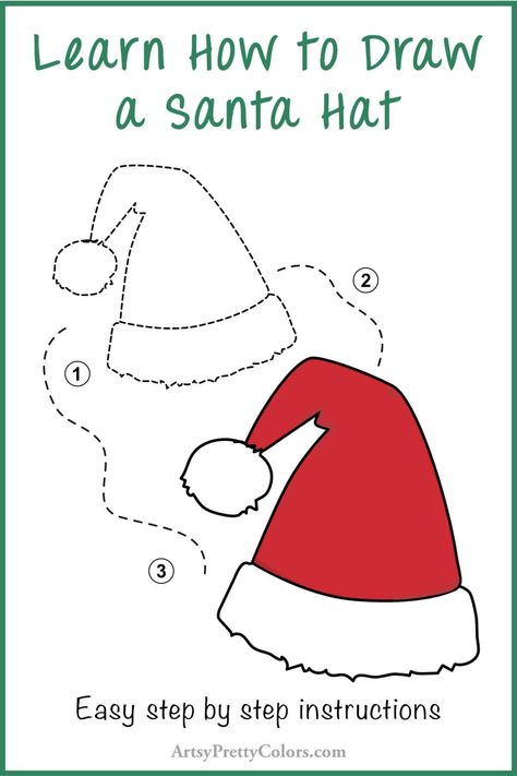 A quick tutorial for learning how to draw a Santa hat. How To Draw A Santa Hat, Draw Santa Hat, Santa Hat Drawing, Tutorial For Drawing, Christmas Tutorial, Santa Hat Pattern, How To Draw Santa, How To Draw Steps, Easy Lessons