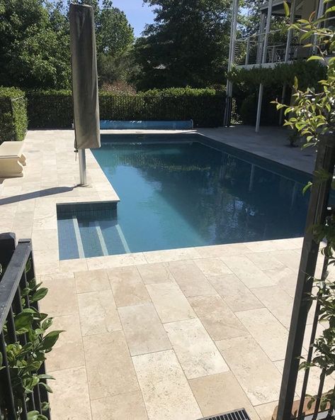 Pool Water Colours, Porsche Advertising, Pool Steps Inground, Pool Colours, Pool Deck Tile, Travertine Pool Decking, Swimming Pool Steps, Pool Paving, Pool Decking