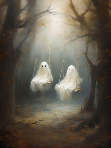 Cute Ghosts on Swing Print Halloween Vintage Art, Vintage Ghost Painting, Painting Ghosts On Old Paintings, Ghost In The Woods Painting, Ghost Vintage Painting, Ghost Painted On Old Paintings, Charcoal Artwork, Spirit Ghost, Dark Academia Prints