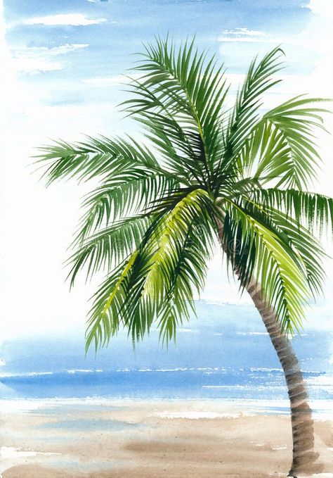 Boom Kunst, Palm Beach Resort, Beach Scene Painting, Beach Paintings, Beach Drawing, Tree Watercolor Painting, Sea Pictures, Palm Trees Painting, Palm Tree Art