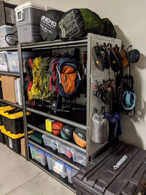 Camping Closet, Gear Storage Ideas, Outdoor Gear Storage, Officine In Garage, Camping Gear Storage, Organized Garage, Adventure Room, Garage Storage Inspiration, Gear Room