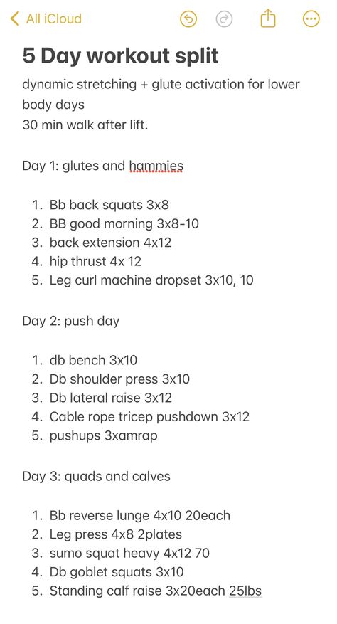 this is my current gym split. I lift 5x a week, sunday-thursday, and I do pilates/&cardio on friday and saturday. this split is optimized for lower body growth for me personally. feel free to adjust the days to your schedule Gym Day Schedule, Workout Split With Running, Workout Split To Grow Glutes, Lower Body Workout Split, 5 Day A Week Workout Split, 5 Day Gym Split Women, Three Day Gym Split, 5 Day Workout Split Women Gym, Women’s Gym Workout Split