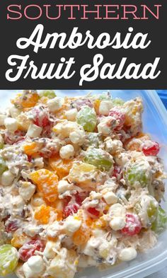 This retro fruit salad is simple and perfect with pineapple, mandarin oranges, cherries, green grapes, pecans, coconut and sour cream. Pizza Fruit, Ambrosia Recipe, Ambrosia Fruit Salad, Berry Fruit Salad, Pizza Sugar Cookie, Easy Fruit Salad Recipes, Creamy Fruit Salads, Fruit Medley, Best Fruit Salad